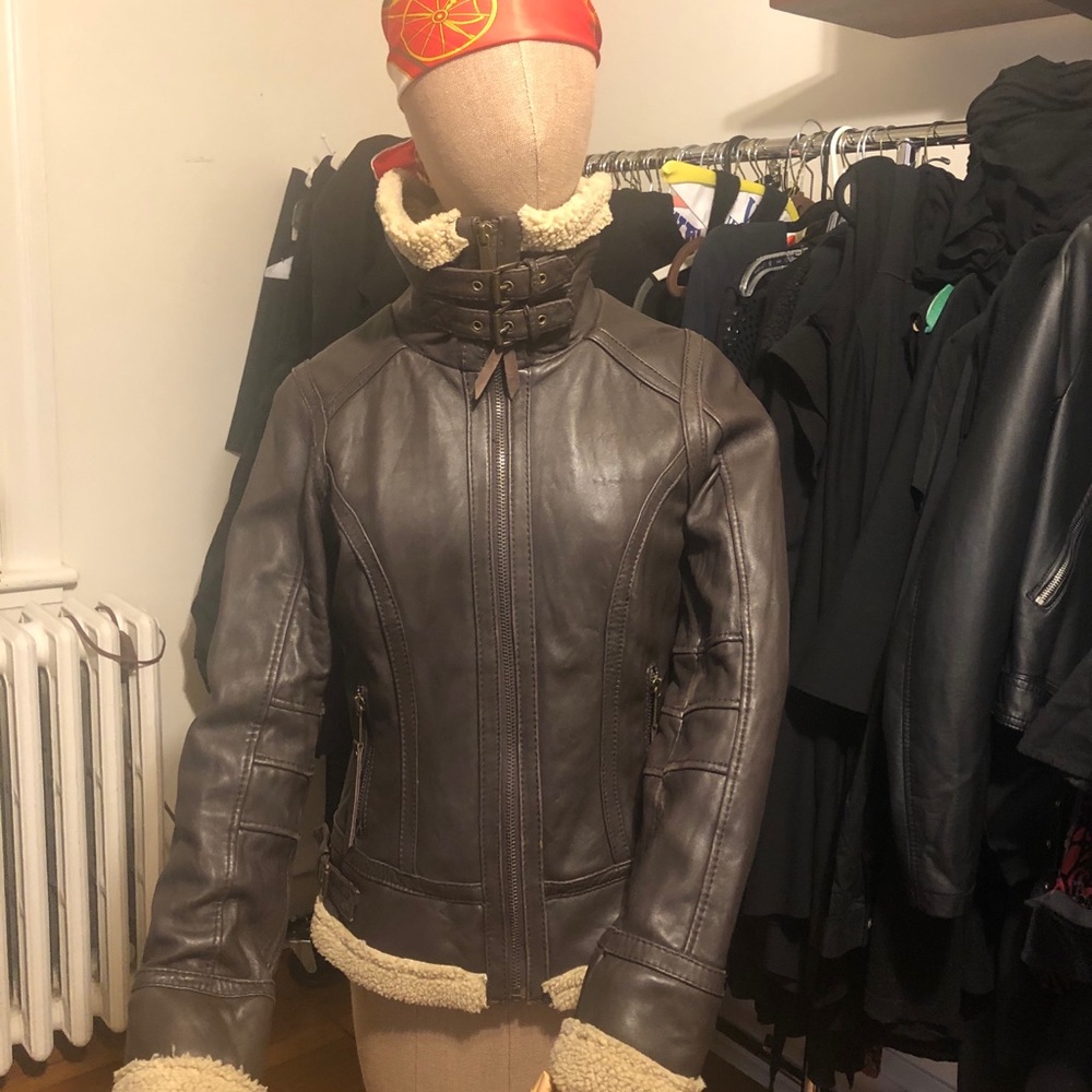 MICHAEL Michael Kors Dark Brown Leather Bomber Jacket with Cream Shearling